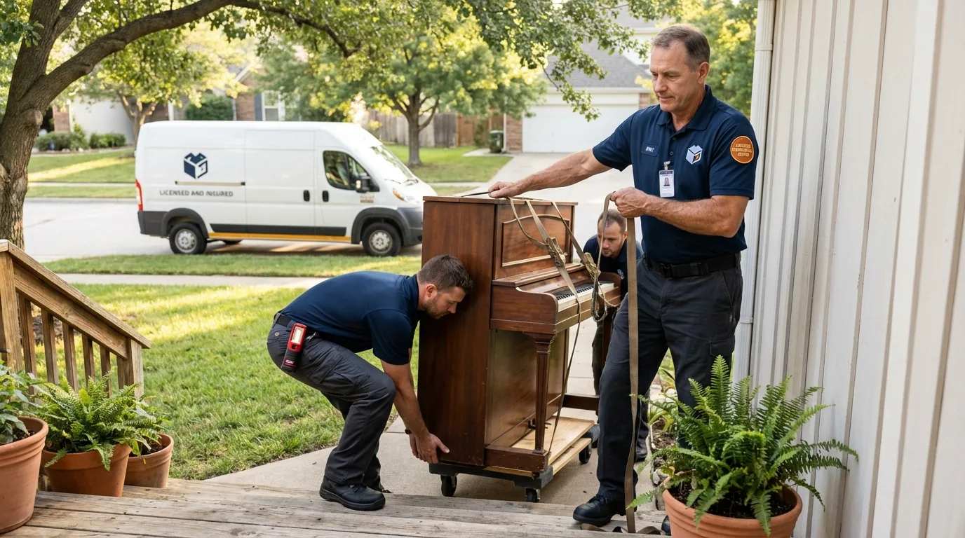 Licensed piano movers securing grand piano in Dover, FL