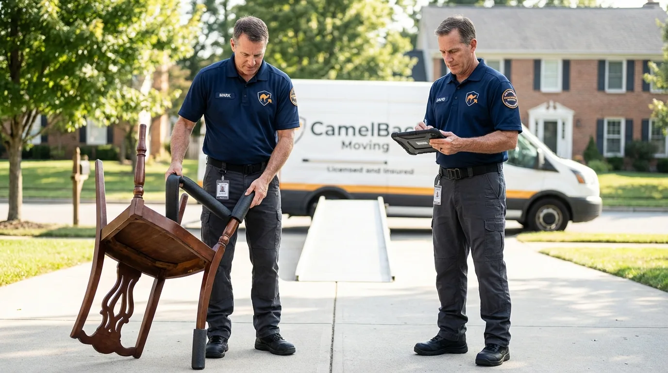 Movers inspecting furniture for damage prevention before loading in Dover, FL