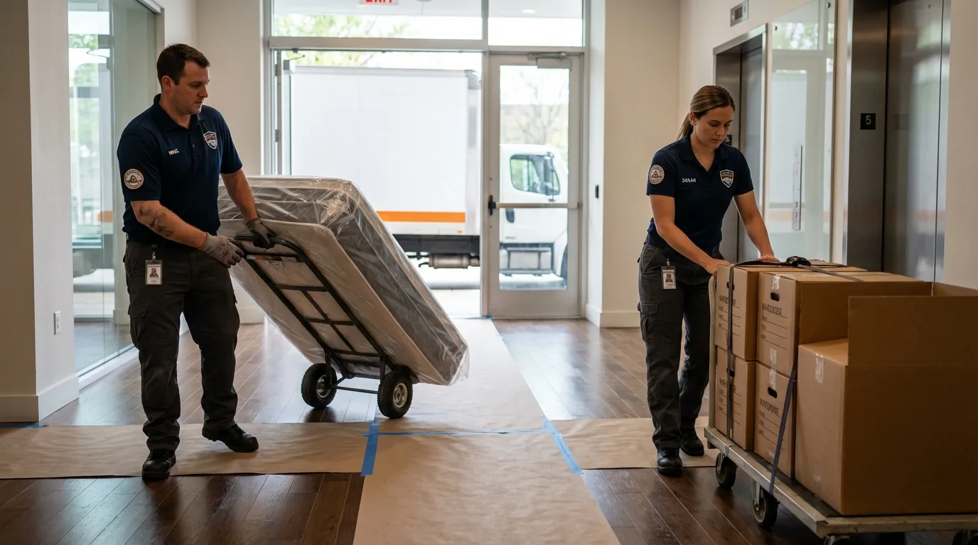 Professional apartment movers loading elevator in Dover, FL